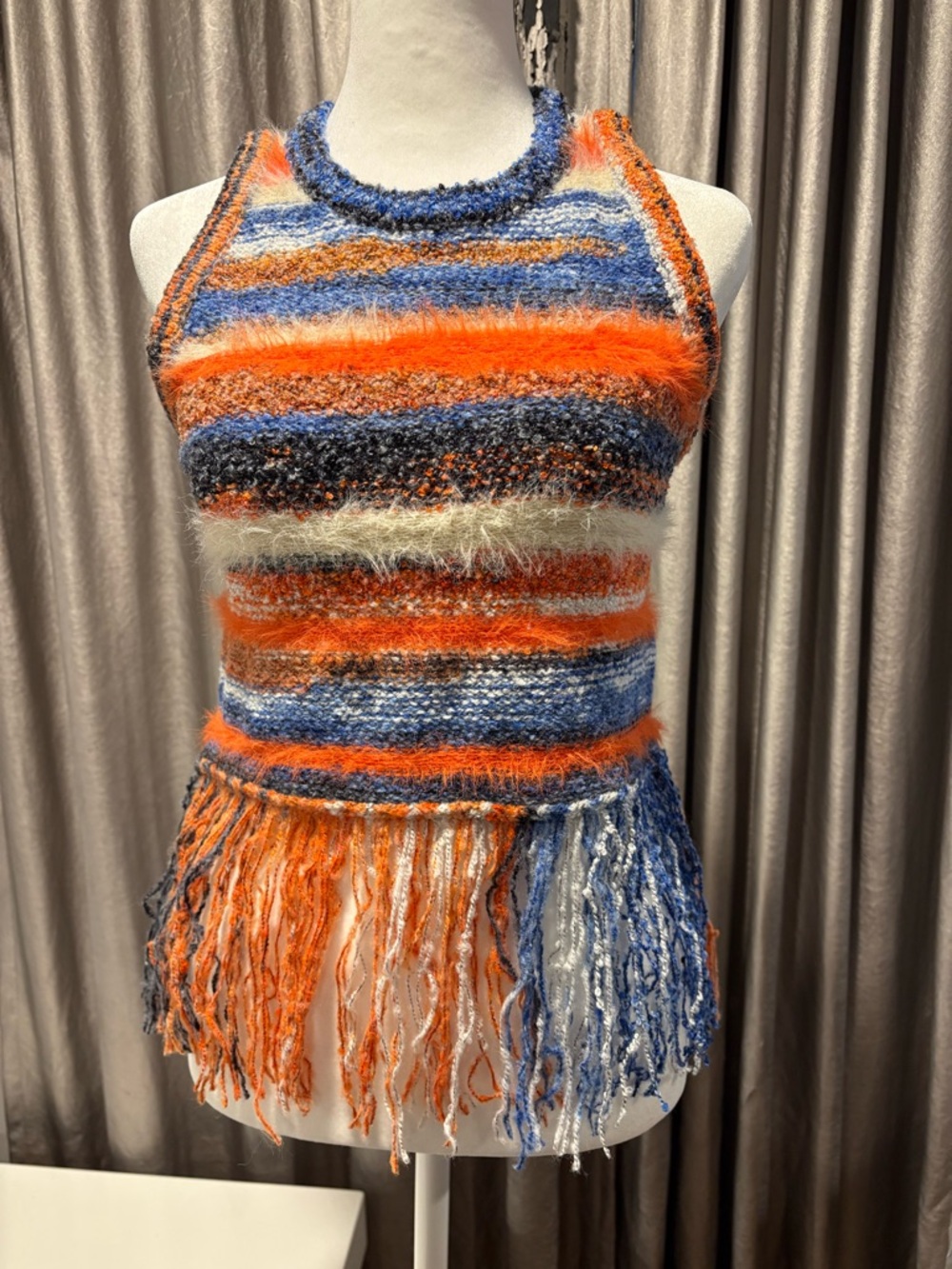 Striped Fringe Halter Knit Camisole in Orange & Blue